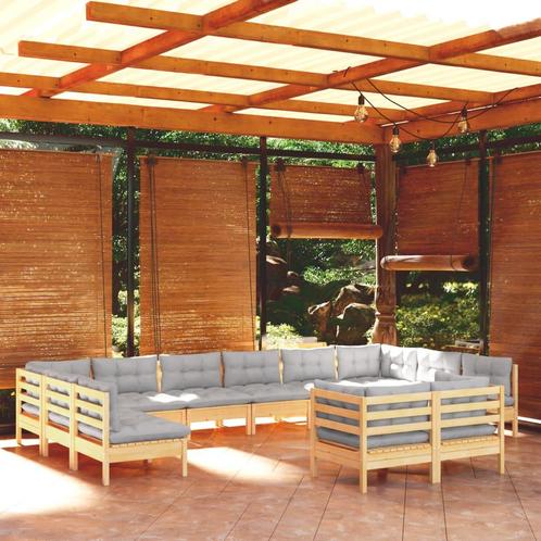 vidaXL 12-delige Loungeset met grijze kussens massief, Tuin en Terras, Tuinsets en Loungesets, Loungeset, Nieuw, Verzenden