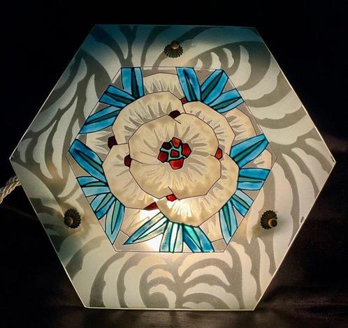 Maxo , Art Deco hanglamp met abstract floraal geëmailleerde, Antiek en Kunst, Kunst | Designobjecten