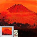 authentiek Japans schilderij van een rode berg Fuji getiteld, Antiek en Kunst