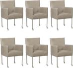 Set van 6 Lichtgrijze leren moderne kuipstoel - poot rond, Huis en Inrichting, Overige kleuren, Nieuw, Leer, Ophalen of Verzenden