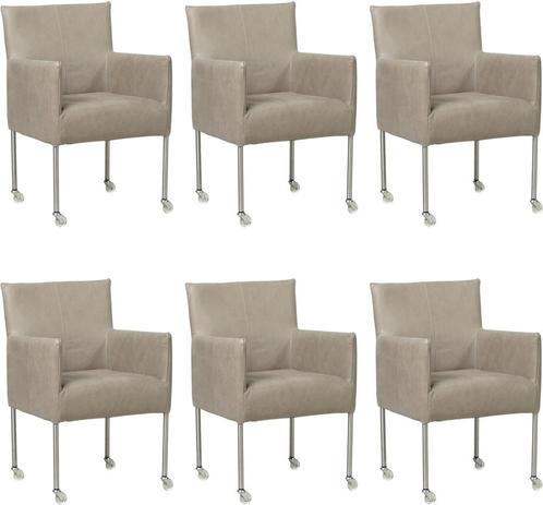 Set van 6 Lichtgrijze leren moderne kuipstoel - poot rond, Huis en Inrichting, Stoelen, Overige kleuren, Vijf, Zes of meer stoelen