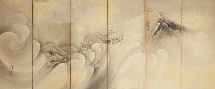 Byôbu écran pliant - Papier, Soie, Bois laqué, papier de, Antiquités & Art, Antiquités | Autres Antiquités