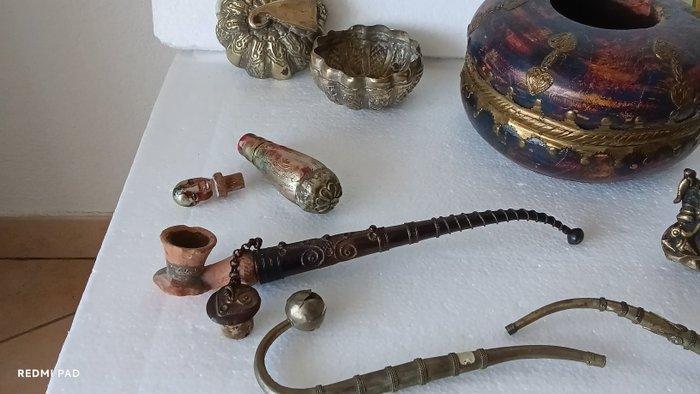 Ensemble a opium - Bronze....bois...metal argenté -, Antiquités & Art, Art | Art non-occidental