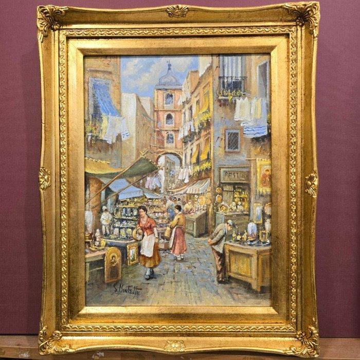 Salvatore Montella (1949) - La strada dei presepi - Napoli, Antiek en Kunst, Kunst | Schilderijen | Klassiek