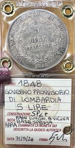 Tijdelijke regering van Lombardije. 5 Lire 1848 rami lunghi