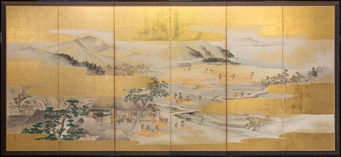 Een zesdelig scherm met bladgoud dat een landbouwlandschap, Antiek en Kunst, Antiek | Overige Antiek