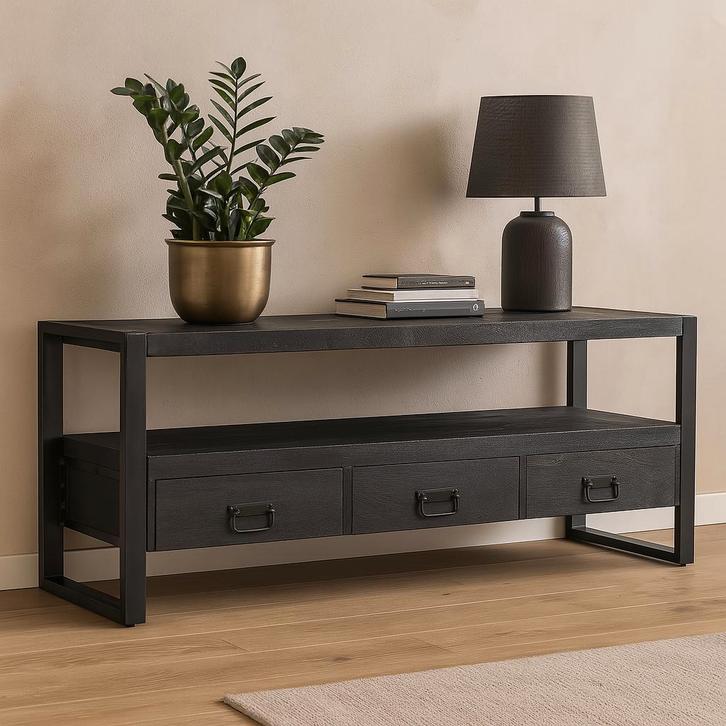 Tv-meubel Mangohout Britt 150 Zwart, Huis en Inrichting, Kasten |Televisiemeubels, Nieuw, Overige houtsoorten, Verzenden