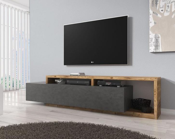 TV Meubel - Grijs met Eiken - 219x45x52cm - TV kast met lade, Huis en Inrichting, Kasten |Televisiemeubels, 25 tot 50 cm, Nieuw