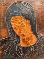 Koperrelief - Madonna in mantel - 25 x 27 cm - Koper - 20e