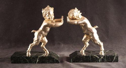 Met faunen - Serre-livres - Marbre, Bronze argenté, Antiek en Kunst, Curiosa en Brocante