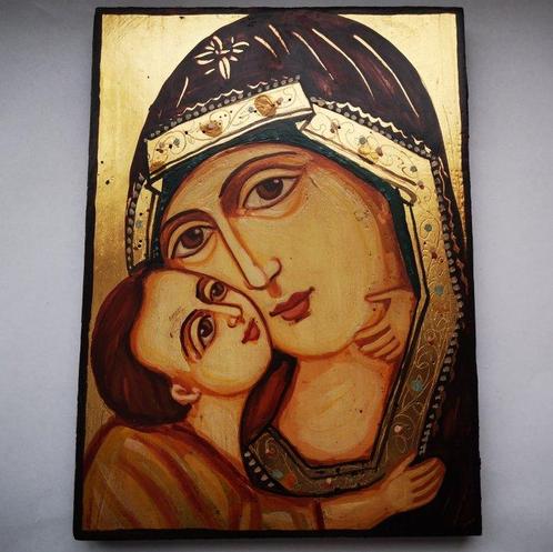 Icône de la Sainte Mère de Dieu et de Jésus-Christ - Bois, Antiquités & Art, Antiquités | Livres & Manuscrits