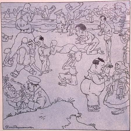 Spotprent over kunstenaars van De Notenkraker op het strand, Antiek en Kunst, Kunst | Litho's en Zeefdrukken, Verzenden