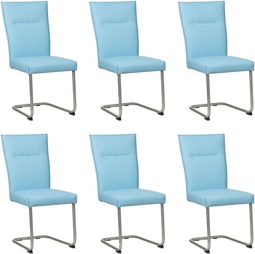 Set van 6 Lichtblauwe leren   - poot rond inox - Toledo Leer, Huis en Inrichting, Stoelen, Overige kleuren, Vijf, Zes of meer stoelen