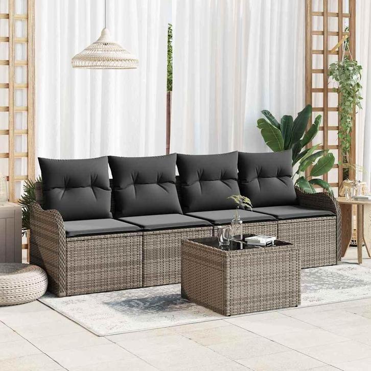 vidaXL Tuinbank Set 5 pcs Grijs Poly rattan, Tuin en Terras, Tuinsets en Loungesets, Nieuw, Verzenden