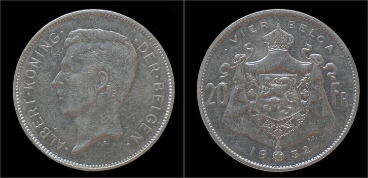 Belgium Albert I 20 frank (4belga) 1932-vl-pos B nickel, Postzegels en Munten, Munten | Europa | Niet-Euromunten, België, Verzenden