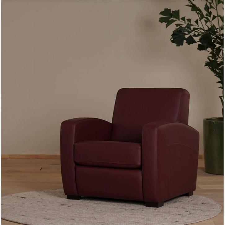Leren fauteuil Kindly - Toledo Leer Bordeaux - Hout bruin, Huis en Inrichting, Fauteuils, 75 tot 100 cm, 75 tot 100 cm, Nieuw