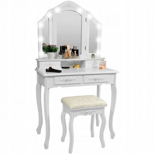 Bruidskaptafel met LED-verlichting en kruk - Wit - 75x45x..., Huis en Inrichting, Tafels | Kaptafels, Nieuw, Hout, 100 tot 150 cm