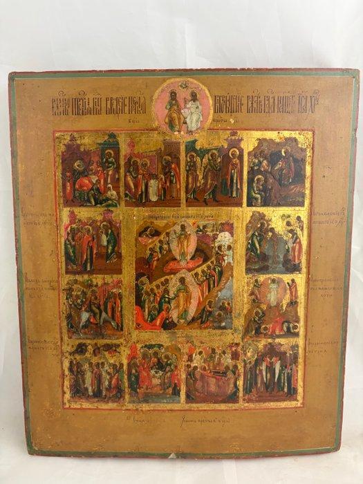 Icoon - Russische icoon Verrijzenis en de twaalf feesten -, Antiek en Kunst, Kunst | Niet-Westerse kunst