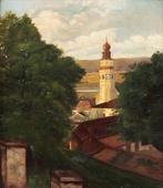 European school (XIX-XX) - Landscape with town and bell, Antiek en Kunst