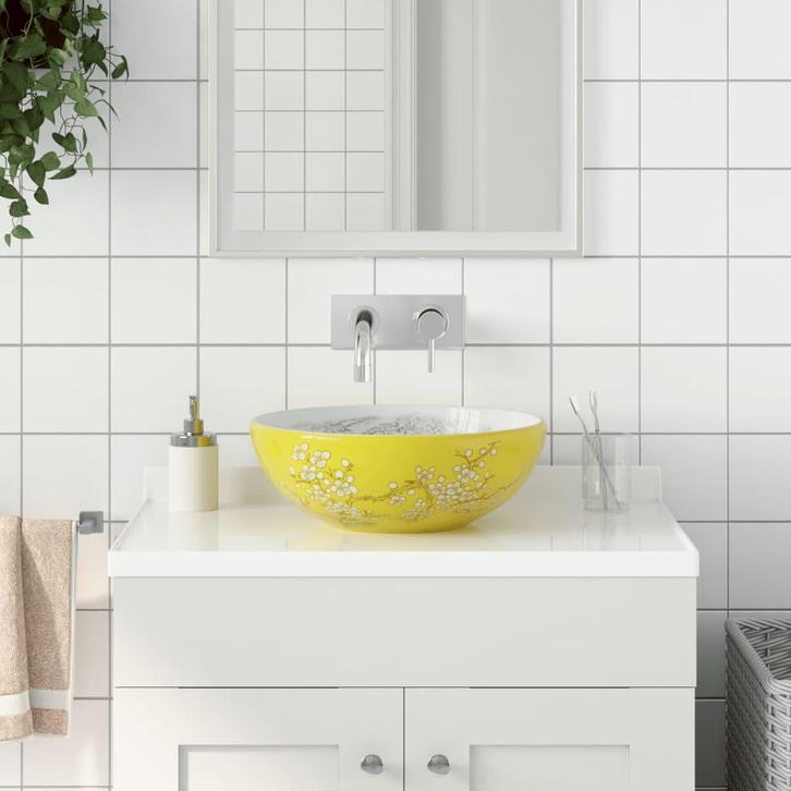 vidaXL Opzetwasbak rond 41x14 cm keramiek wit en geel, Doe-het-zelf en Bouw, Sanitair, Nieuw, Verzenden