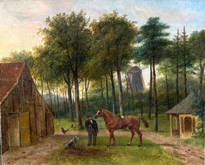N.J Roosenboom (1805-1880) - Man met zijn paard en hond voor, Antiquités & Art, Art | Peinture | Classique