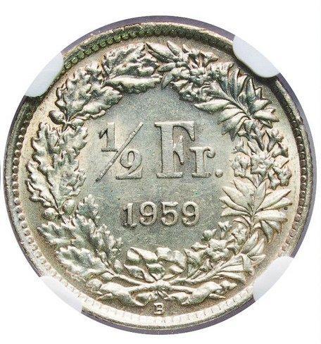 Zwitserland, Bern 1/2 Franc 1959 - NGC MS62, Postzegels en Munten, Munten | Europa | Niet-Euromunten