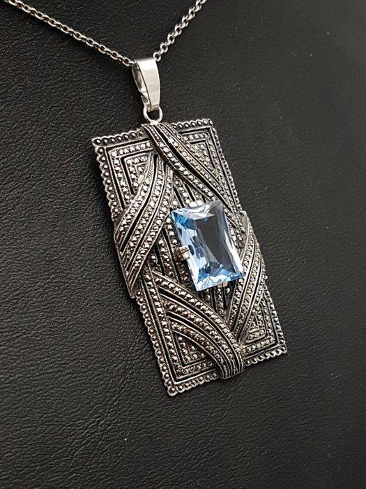 Zilver, Art Deco, Blauwe Spinel(Getest) - Ketting met hanger, Antiek en Kunst, Kunst | Designobjecten