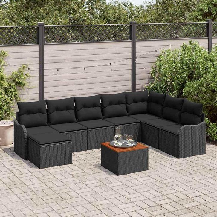 vidaXL Tuinbank Set 9 pcs Zwart Poly rattan, Tuin en Terras, Tuinsets en Loungesets, Nieuw, Verzenden