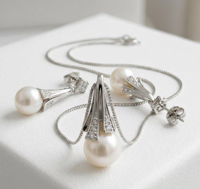 Parure - 18 karaat Witgoud - 0.04ct. tw. Parel - Diamant, Handtassen en Accessoires, Antieke sieraden