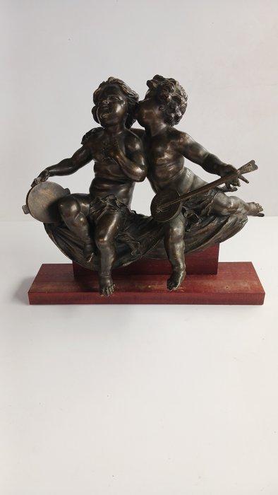 sculptuur, putti suonatori - 42 cm - Gepatineerd brons, Antiek en Kunst, Antiek | Keramiek en Aardewerk