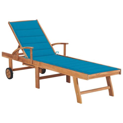 vidaXL Ligbed met blauw kussen massief teakhout, Tuin en Terras, Ligbedden, Nieuw, Verzenden