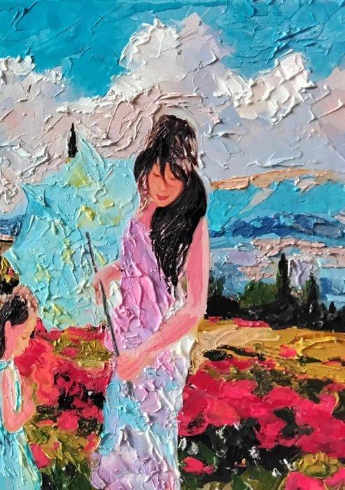 Gottardo Valeria (XX) - Children and poppies, Antiek en Kunst, Kunst | Schilderijen | Klassiek