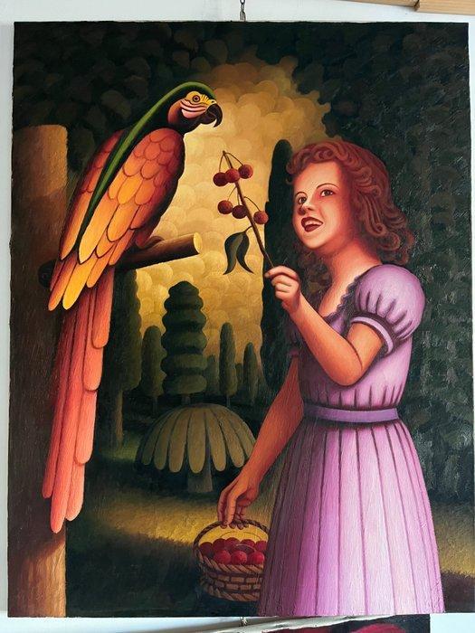 Luciano Coratti (1930) - Bimba con pappagallo, Antiek en Kunst, Kunst | Schilderijen | Klassiek