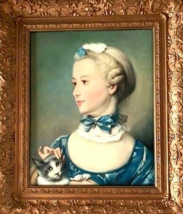 Europese school (XIX) - Portret Meisje met poes naar Jean -, Antiek en Kunst, Kunst | Schilderijen | Klassiek