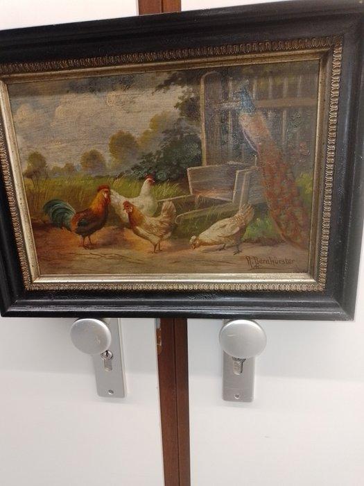 A Bernhorster (XX) - Pauw en kippen in landschap, Antiek en Kunst, Kunst | Schilderijen | Klassiek