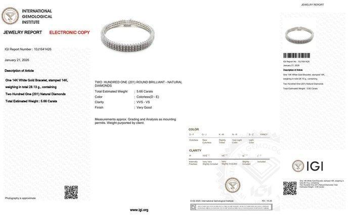 Tennis armband - 14 karaat Witgoud - 5.66ct. tw. Diamant, Handtassen en Accessoires, Antieke sieraden
