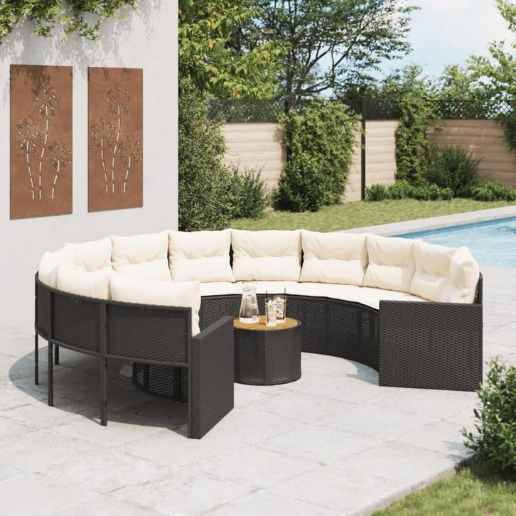 vidaXL Tuinbank met tafel en kussens rond poly rattan zwart, Tuin en Terras, Tuinsets en Loungesets, Nieuw, Verzenden