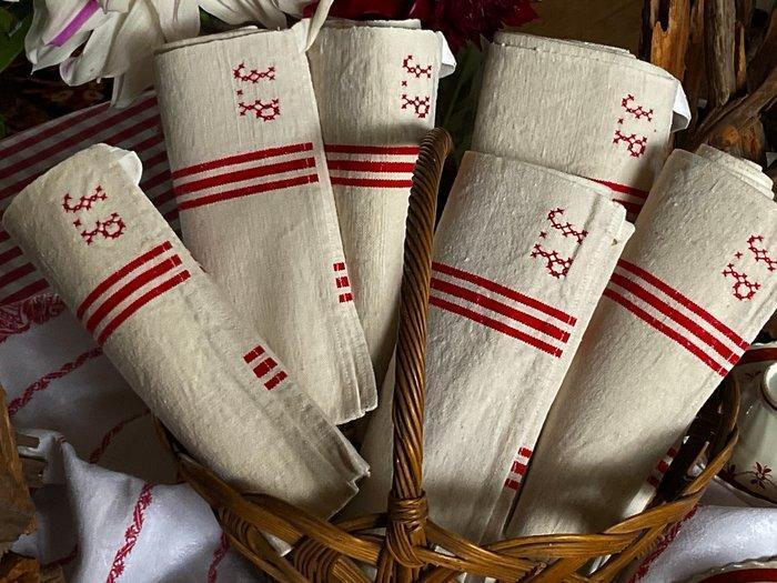 6 laat 19e-eeuwse linnen theedoeken met J.P. initialen -, Antiek en Kunst, Antiek | Tapijten, Tafelkleden en Textiel