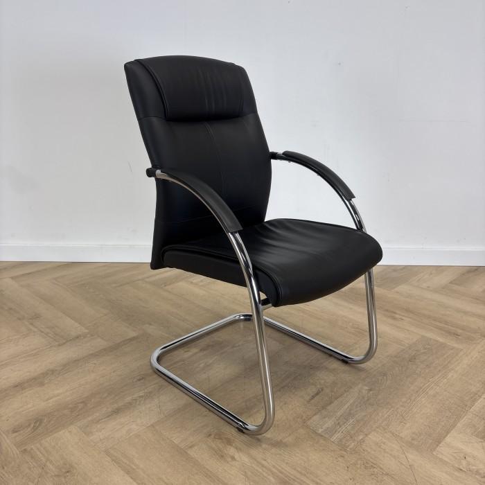 vergaderstoel, zwart leder - chroom, Huis en Inrichting, Stoelen, Zwart, Gebruikt, Eén