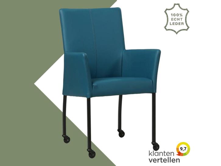 Leren eetkamerstoel Comfort met wieltjes en armleuning -, Huis en Inrichting, Stoelen, Blauw, Eén, Nieuw, Leer, Ophalen of Verzenden