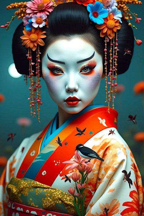 Hiroshi (1981) - Japanese Flowers Geisha #3 Toile (L), Antiquités & Art, Art | Peinture | Moderne