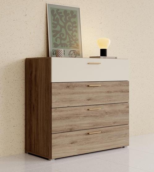 Meubella | Ladekast eiken met beige 100 cm - 4 lades, Huis en Inrichting, Kasten | Overige, Nieuw, Verzenden