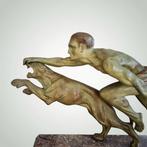 L. Valderi - sculptuur, Homme et Panthère - 47 cm - Metaal,, Antiek en Kunst