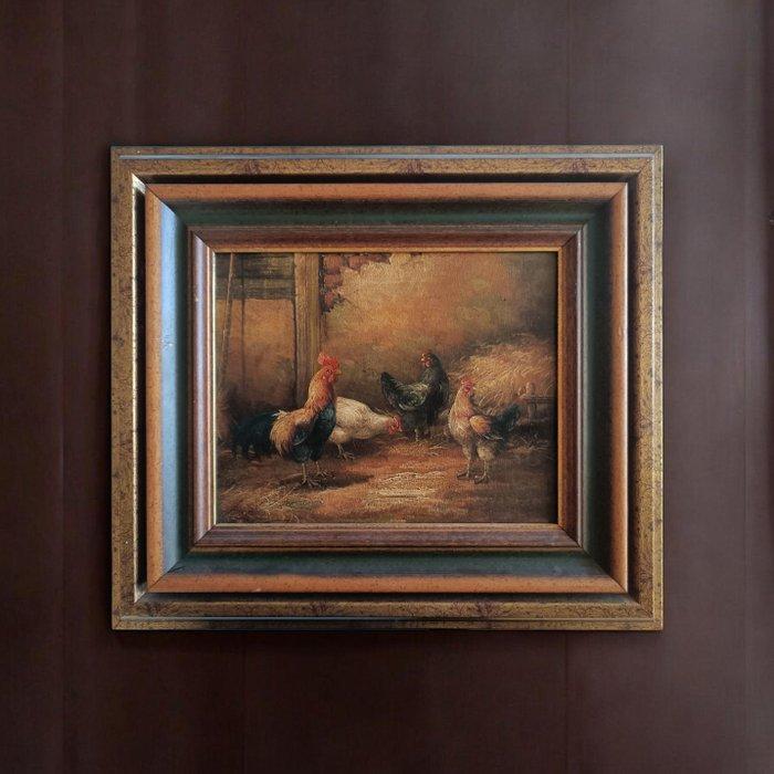 Munich School (XIX-XX) - Poultry in a Barn Interior, Antiek en Kunst, Kunst | Schilderijen | Klassiek