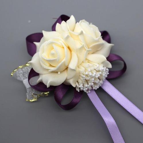 Actie polscorsage elastisch creme deep purple klaar, Maison & Meubles, Accessoires pour la Maison | Plantes & Fleurs artificielles