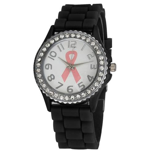 Fako® - Horloge - Kristal Siliconen - Pink Ribbon - Zwart, Handtassen en Accessoires, Horloges | Dames, Verzenden