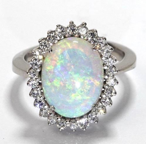 Bague - 18 carats Or blanc -  5.04ct. tw. Opale - Diamant -, Handtassen en Accessoires, Ringen