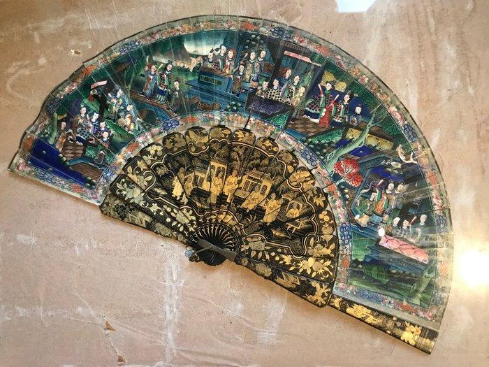 Handwaaier - Landschap van het terrein - Hout, Lakwerk,, Antiek en Kunst, Antiek | Overige Antiek