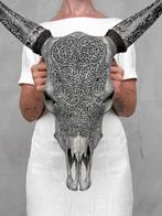 PRIX SANS RÉSERVE - Crâne de vache gris sculpté avec cornes