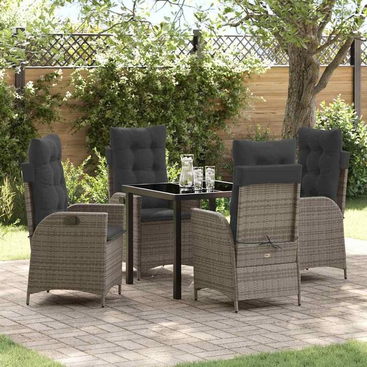 vidaXL Tuin Eettafel Set met kussen 5 pcs Grijs poly rattan, Tuin en Terras, Tuinsets en Loungesets, Nieuw, Verzenden